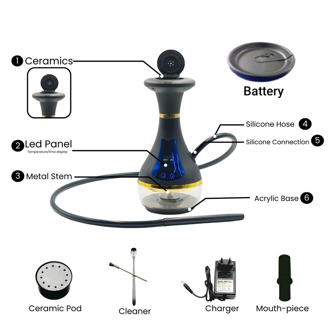 Electric Hookah with Water Heating Intelligent LED Smoking Set Adjustable Temperature Rechargeable Shisha Accessories